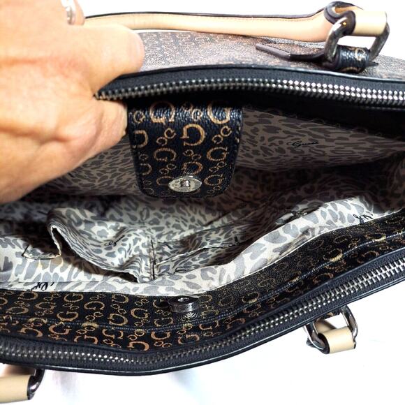 Guess Logo Satchel Handbag Tote Large Multiple Compartments Coasted Canvas Black - Picture 6 of 16